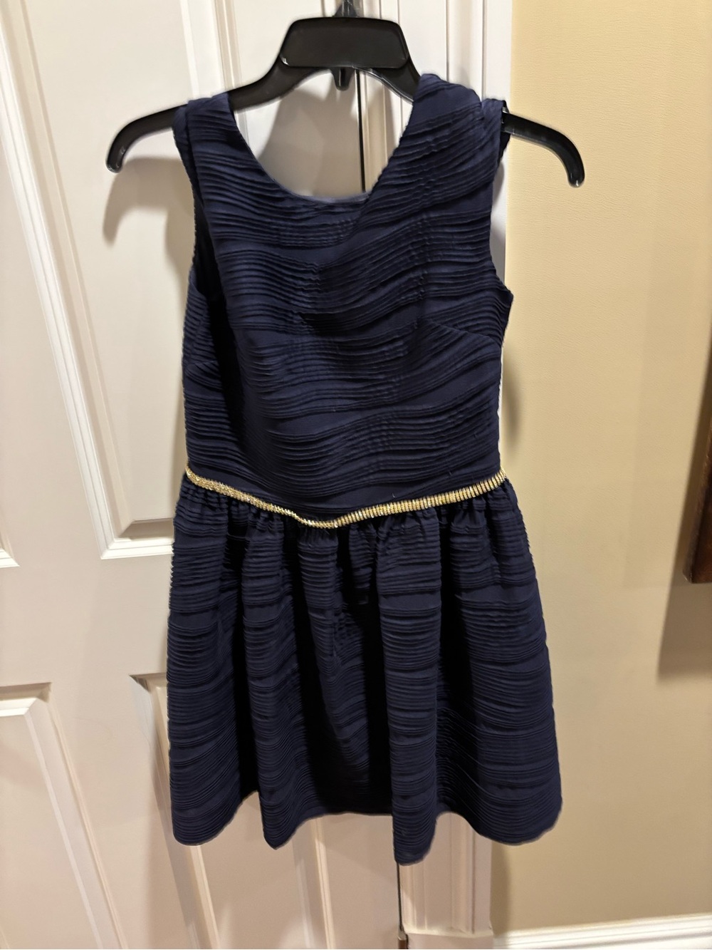 Girls Navy Textured Party Dress with Gold Trim
